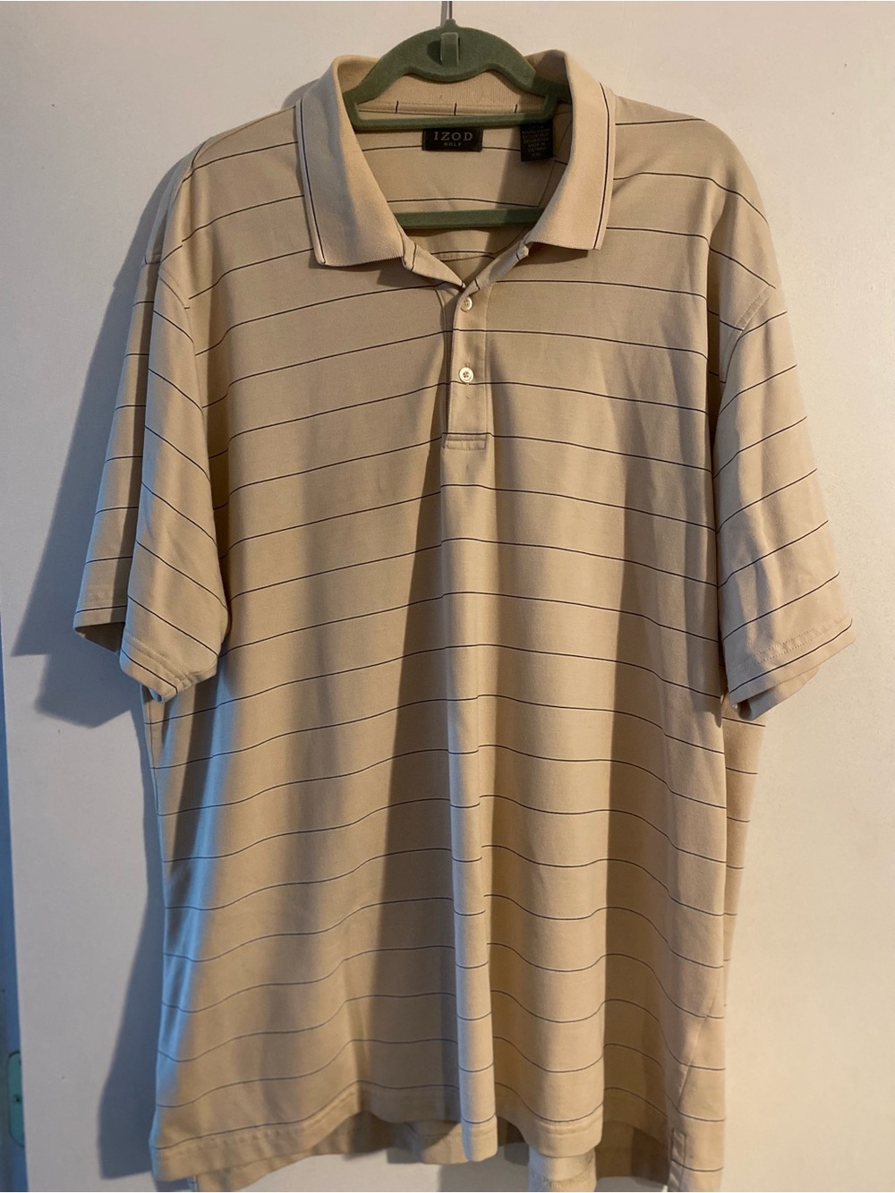 Izod Men’s Tan Polo with Thin Horizontal Stripes, XXL, EUC, short sleeve